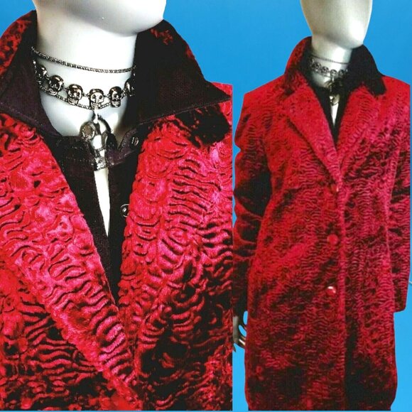 Vintage Red Velvet Textured Coat Jacket Mercedes New York Sz 14 USA Made Y2K - Picture 2 of 10